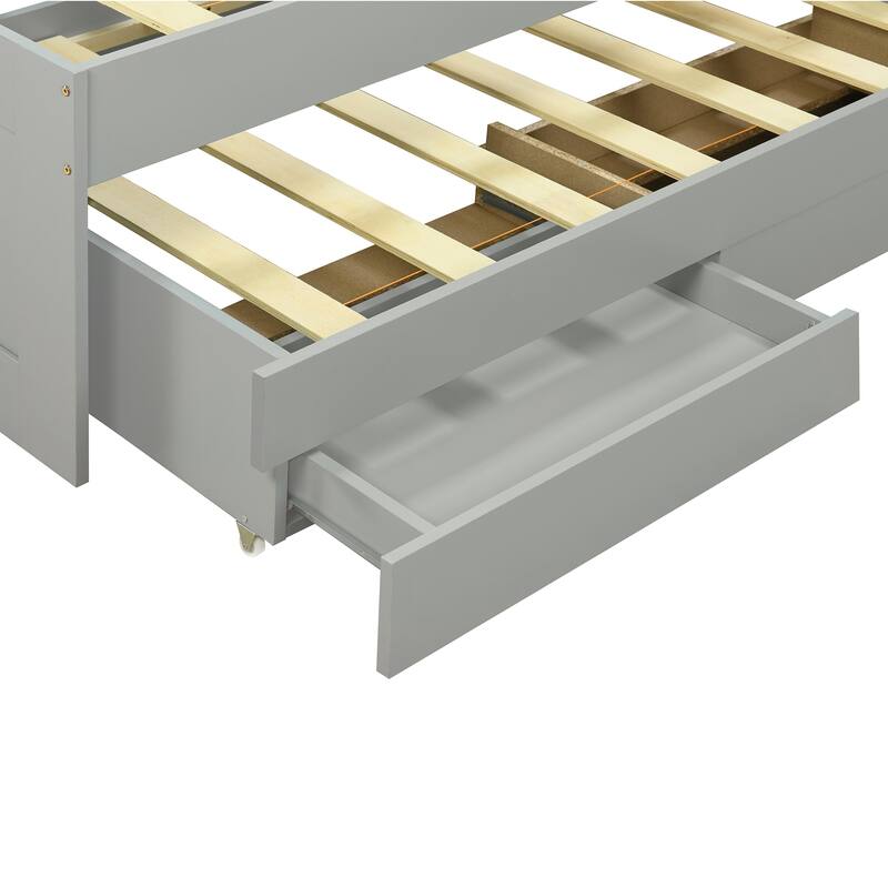 Gray Twin XL Platform Bed with Storage LED Headboard, Charging Station, Trundle and 2 Drawers