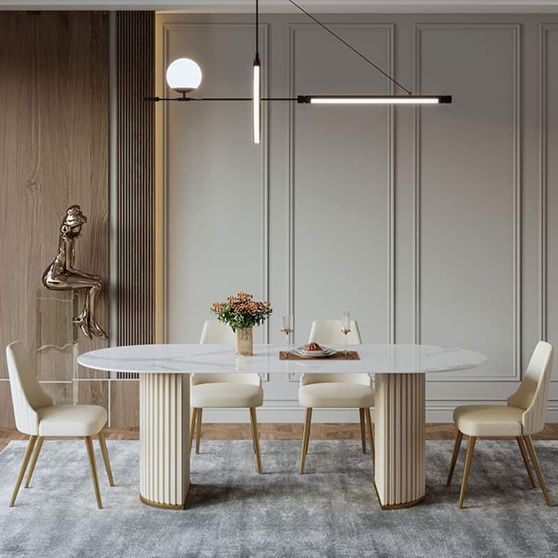 Modern Minimalist White Oval Dining Table with Glossy Sintered Stone Tabletop, Roman Column Frame Table Legs