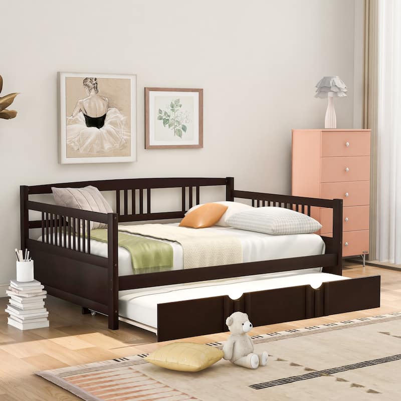 Full Size Wood Daybed with Twin Trundle, Espresso Finish - Espresso