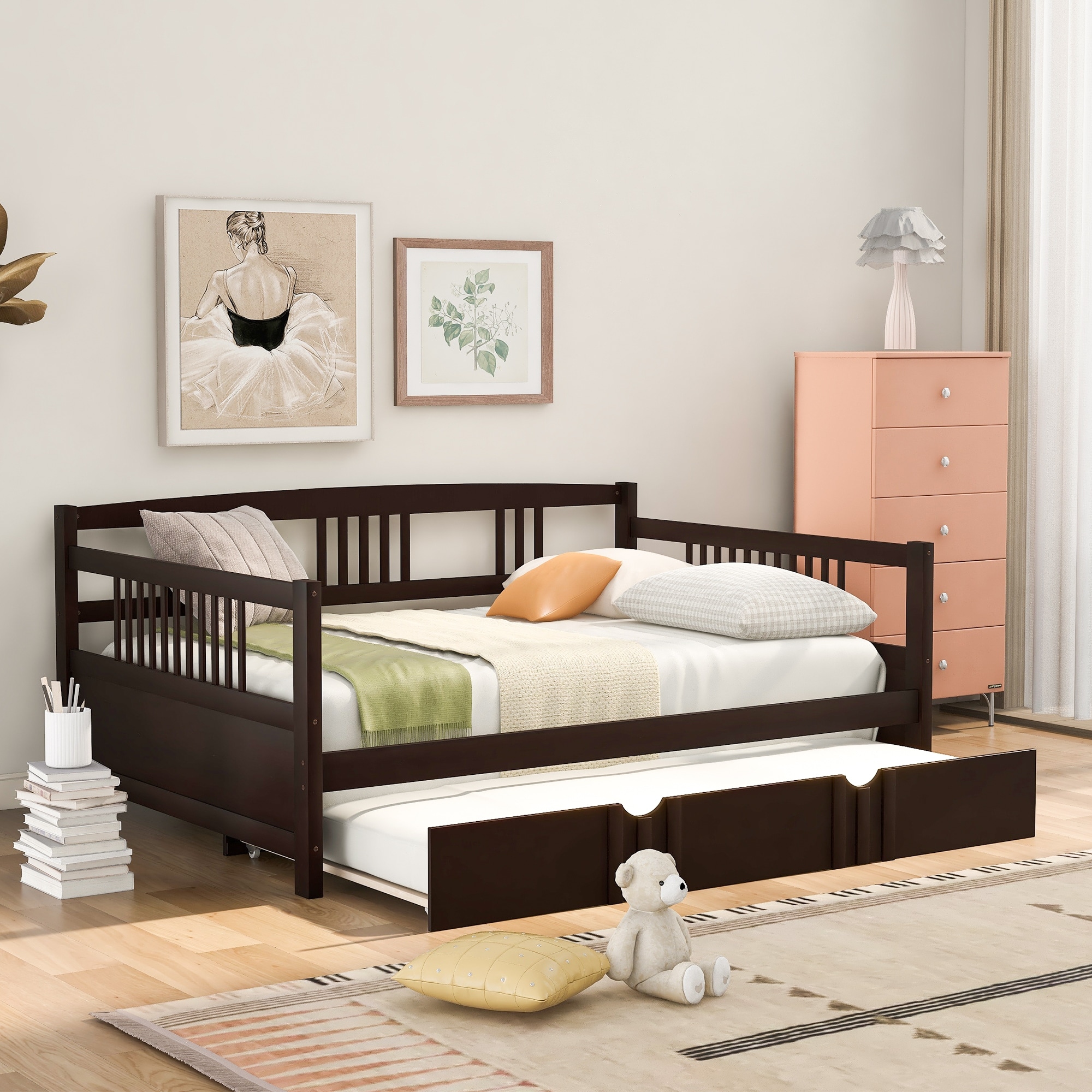 Solid Wood Full Size Daybed Wood Bed with Twin Size Trundle