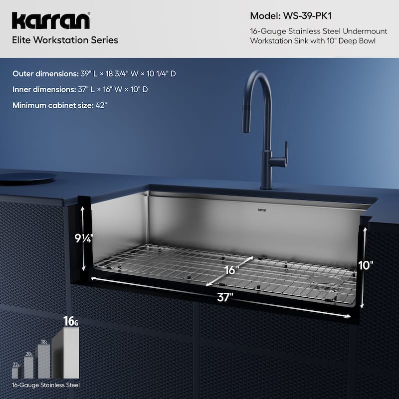 Karran Elite WS-39-PK1 Undermount 39" Single Bowl Stainless Steel Workstation Kitchen Sink