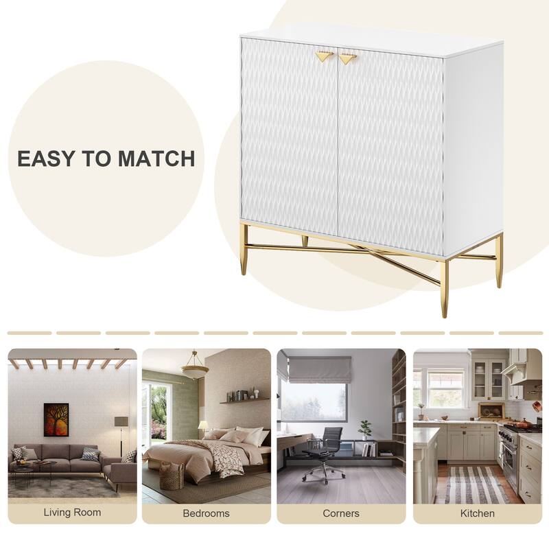 Accent Cabinet with Raised Diamond Pattern, Storage Cabinet with Brass X-Tapered Legs, Buffet with Adjustable Shelves