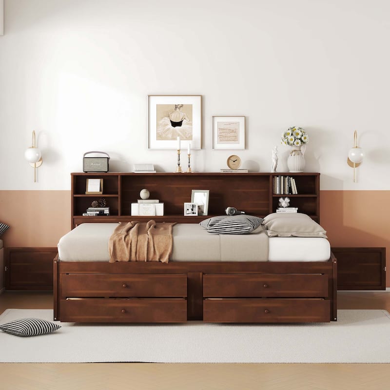 Full Size Wooden Captain Bed with Built-in Storage Shelves