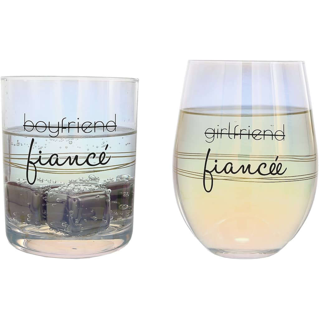 Pavilion Fiance/Fiancee Rocks and Stemless Wine Glass Set