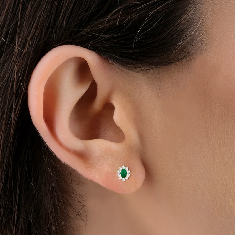 Marquee Oval Shape Emerald and Diamond Flower Earrings in 14K Yellow Gold