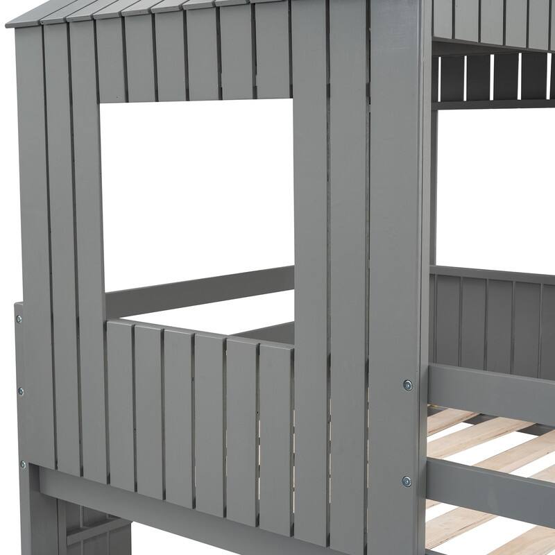 House Bunk Beds with Slide, Wood Twin Over Full Bunk Beds with Roof and Guard Rail for Kids, Toddlers