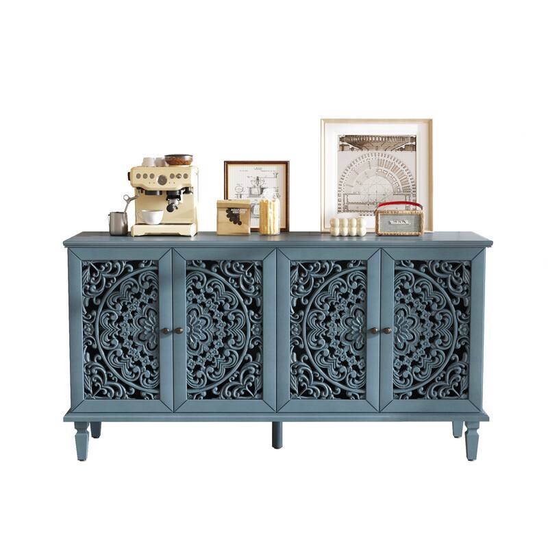 Buffet Cabinet with Floral Carvings with Solid Wood Legs&Antique Brass Handles&Adjustable Shelves,