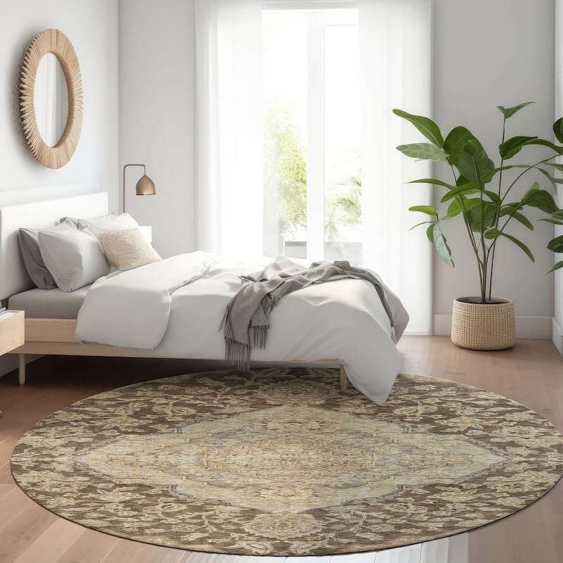 Machine Washable Indoor/ Outdoor Traditional Medallion Chantille Rug - Chocolate - 8' x 8'