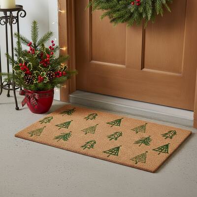 HomeRoots 17" X 29" Brown And Green Christmas Trees Outdoor Coir Door Mat - 17.00' X '29.00