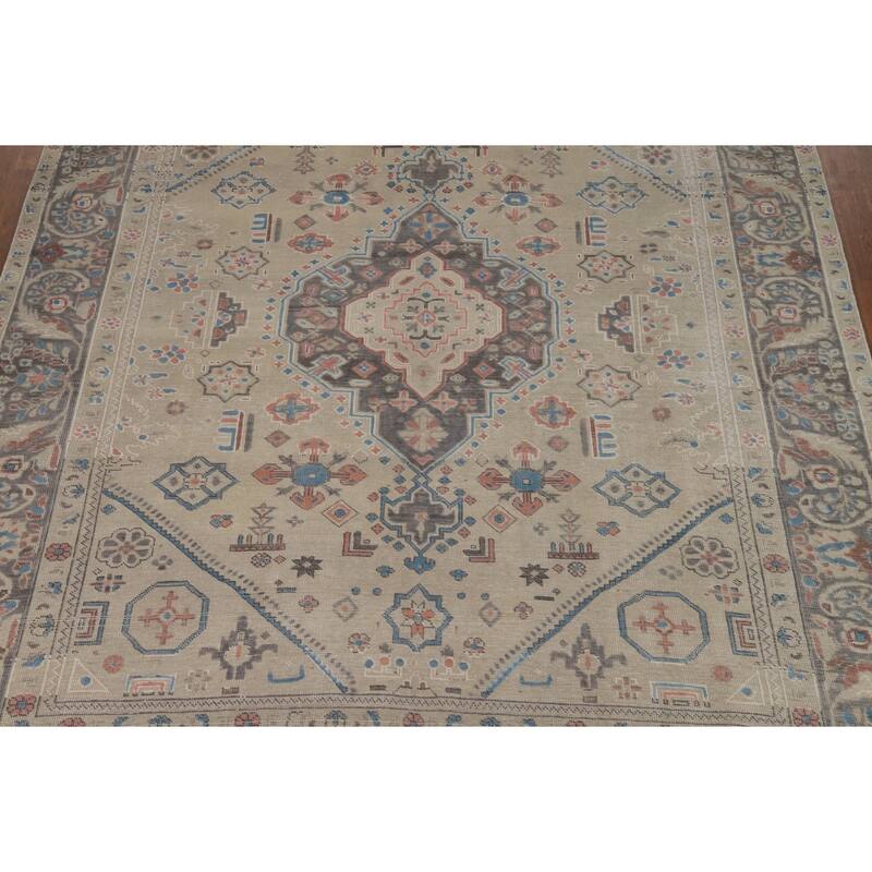 Geometric Tabriz Persian Rug Handmade Beige Wool Carpet - 8'2"x 10'9"