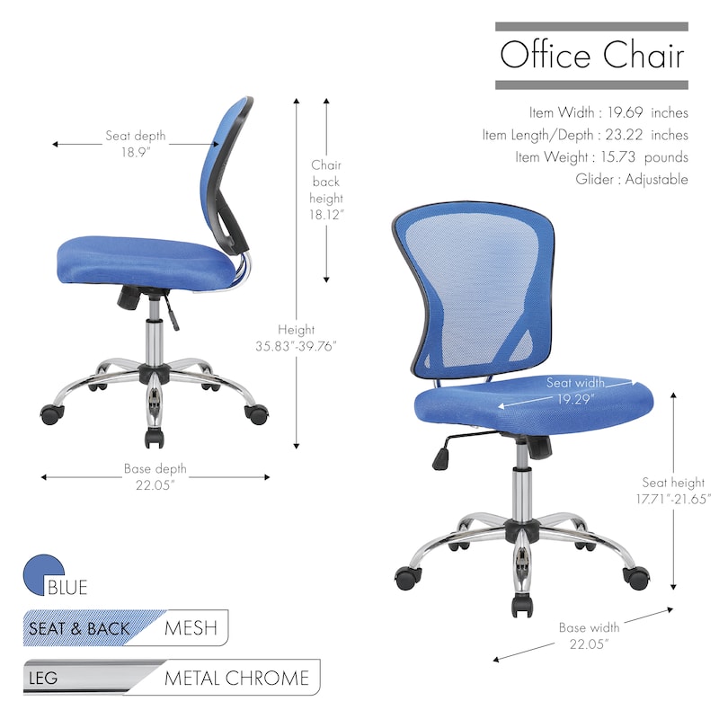 Porthos Home Cody Armless Office Chair, Mesh Back, Adjustable Height