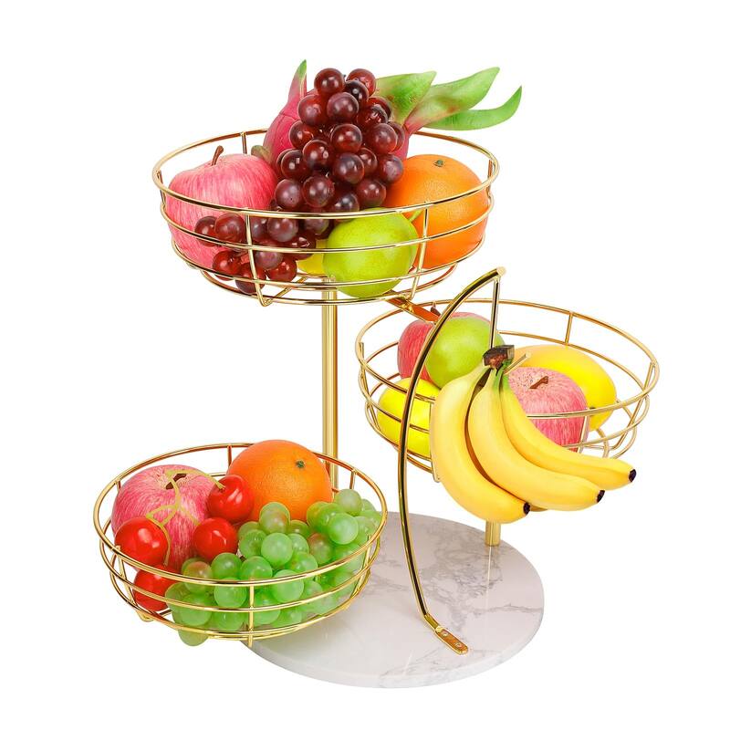 Fruit Basket Bowl with Banana Hanger, Metal Fruit Vegetable Storage Basket with Banana Holder - Gold