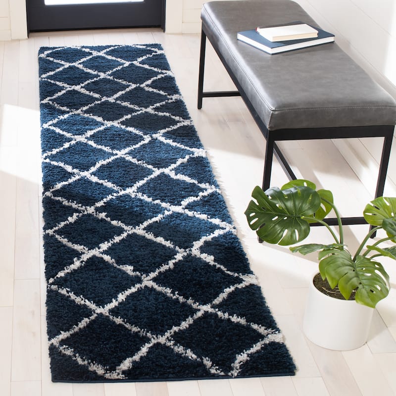 SAFAVIEH August Shag Velea Trellis 1.2-inch Thick Rug - 2'2" x 9' Runner - Navy/Ivory