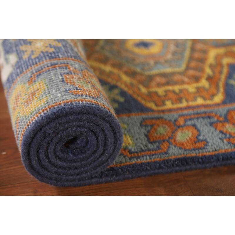 Blue Geometric Kazak Indian Runner Rug Handmade Wool Carpet - 2'7"x 9'9"