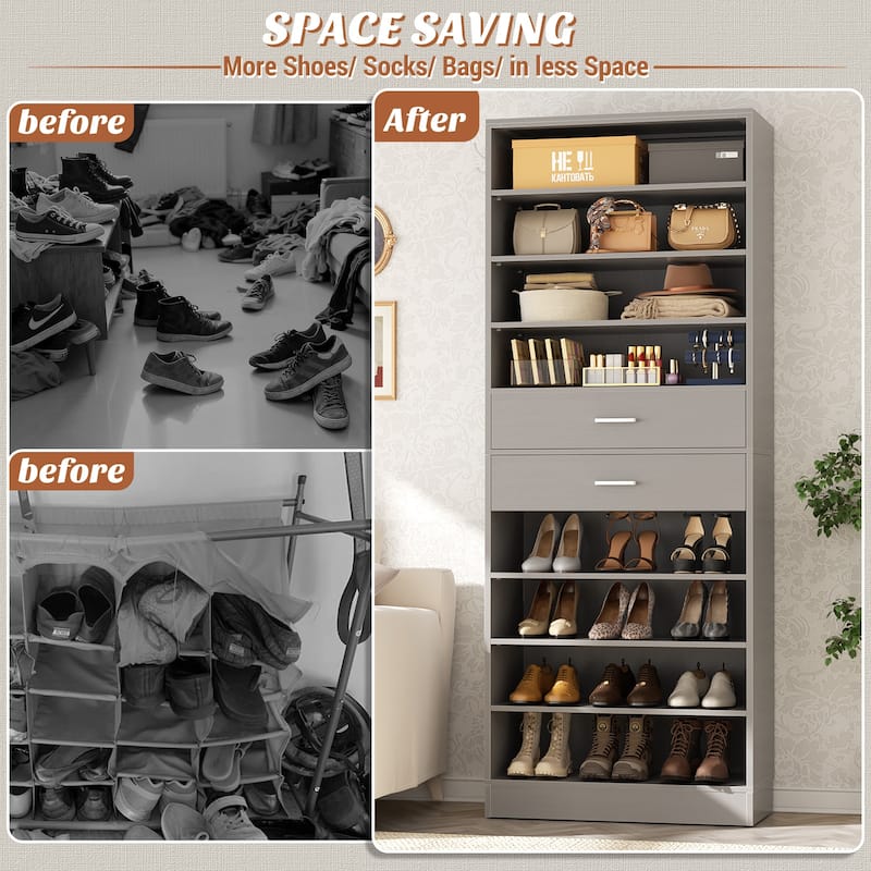 9-Tier Shoe Cabinet with 2 Drawers, Freestanding Closet Organizer with Adjustable Storage Shelves