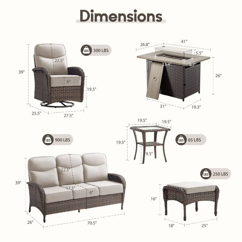 Luna 7-Piece Wicker Outdoor Patio Fire Pit Sofa Set with 6-Inch Thick Cushions