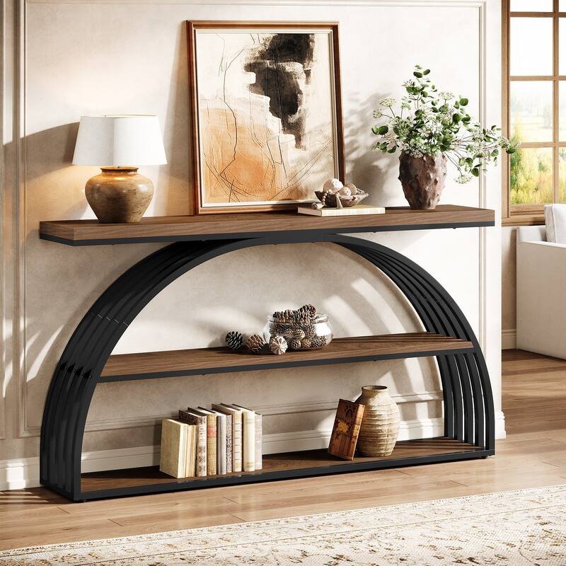 63 Inch Console Table for Entryway, 3 Tier Narrow Sofa Table with Arched Frame - 62.99" L x 11.81" W x 34.25" H
