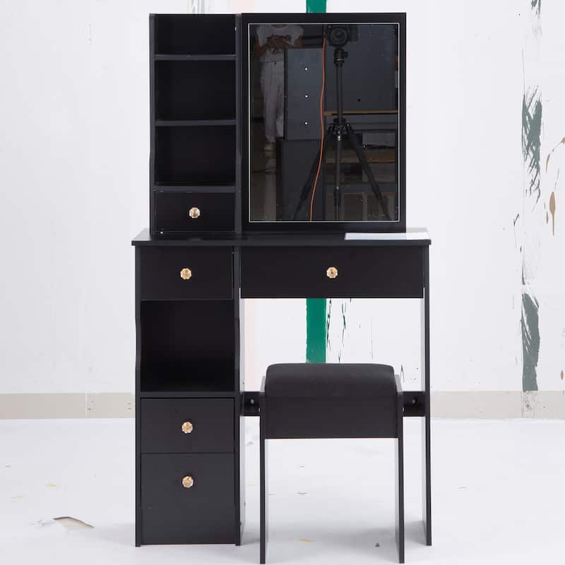 29.2" Compact Left-Drawer Vanity Set with Cushioned Stool and Sliding Mirror - Black