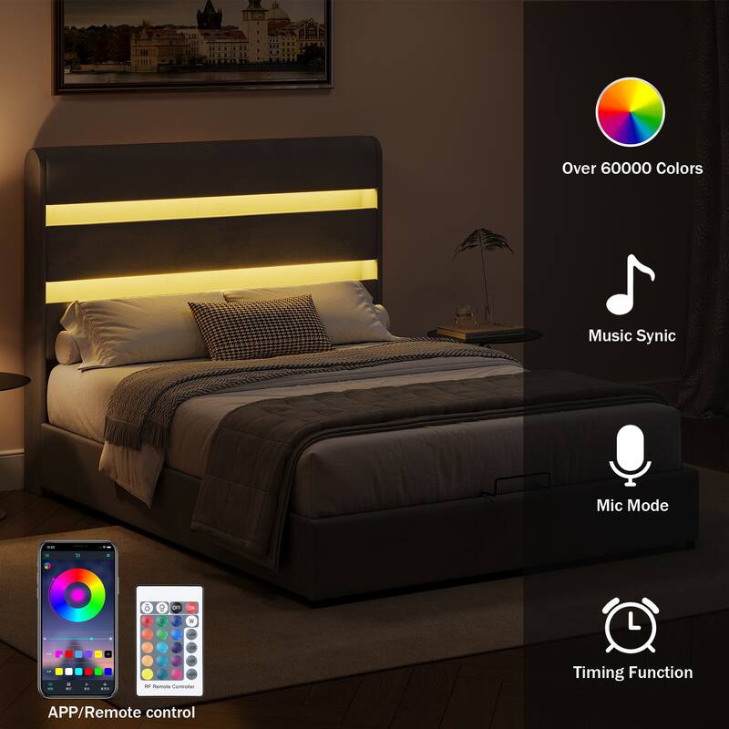 LED Storage Bed with Velvet Upholstery Headboard & Footboard, Grey Full