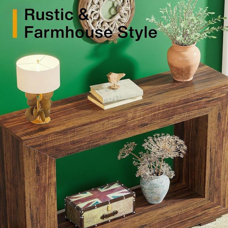 Brown Wood Grain Console Table with Particleboard and Rustic Farmhouse Style - 47.24” L x 11.81” W x 32.87” H