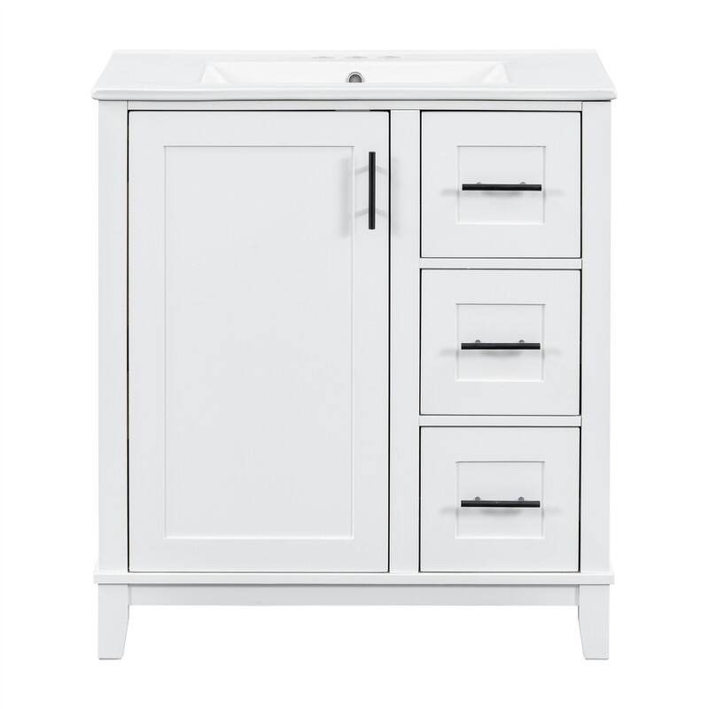 30'' Bathroom Vanity with Ceramic Sink, Freestanding Bathroom Vanity Cabinet with 3 Drawers, 1 Soft Close Door and Storage Rack