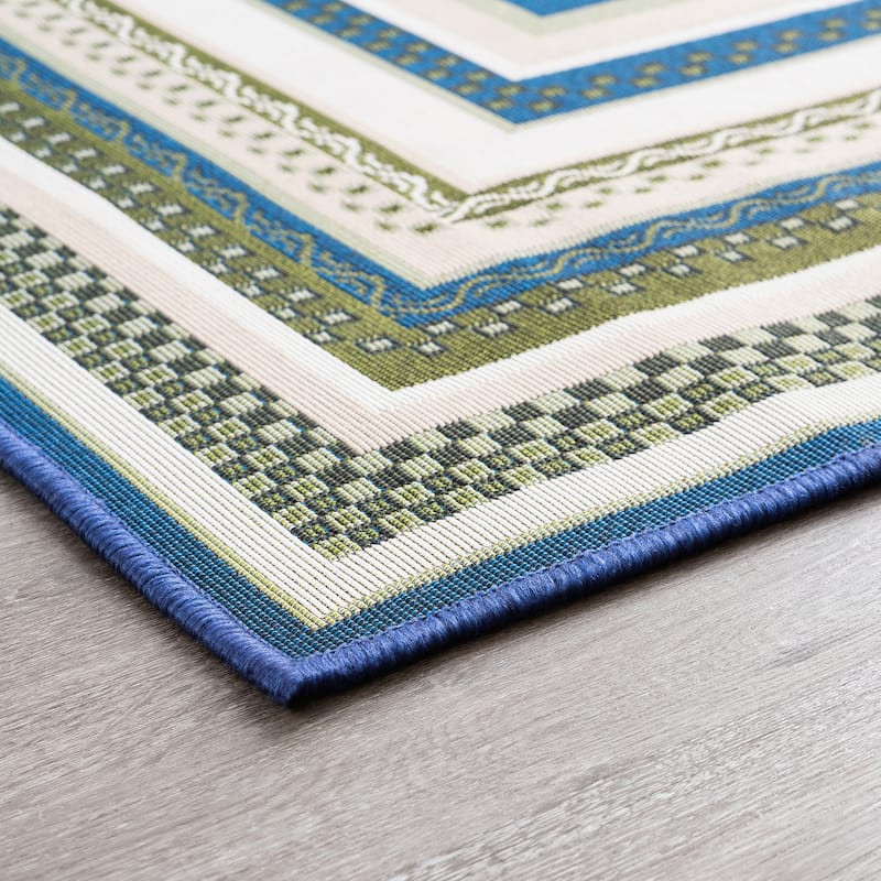 Sizzling Nautical & Coastal Striped Border Indoor/Outdoor Area Rug
