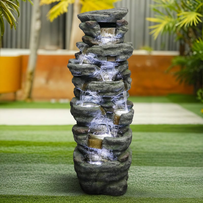 51in H Outdoor Water Fountain, 7-Tier Rock Waterfall Fountain for Home