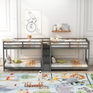 Double Parallel Grey Bunk Beds with Storage Staircase - Bed Bath ...
