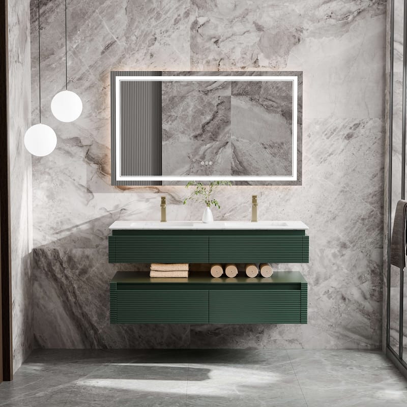 Modland 48" Modern Wall-Mounted Double Sink Bathroom Vanity with Engineered Stone Countertop,LED Light - Green