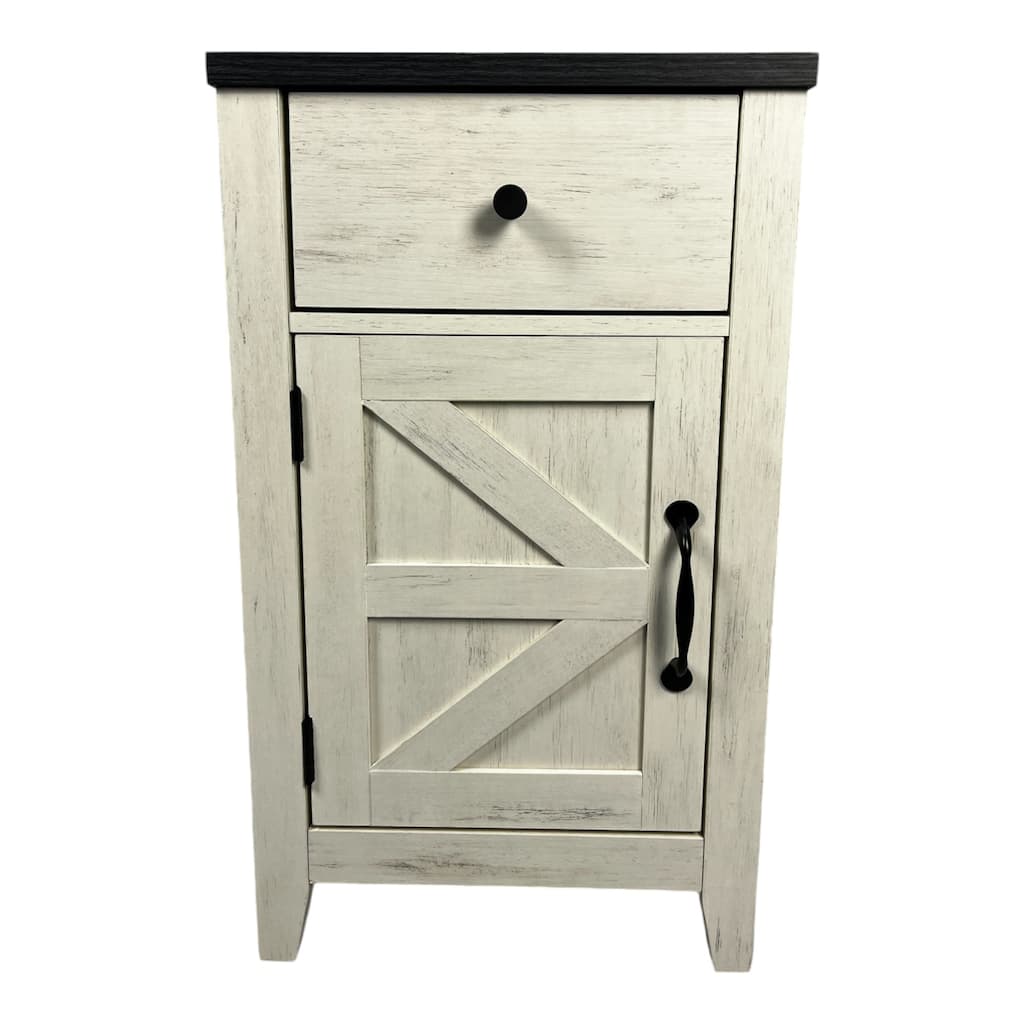 Farmhouse End Table Side Table with Charging Station, White Black Storage Cabinet File Cabinet with Drawer