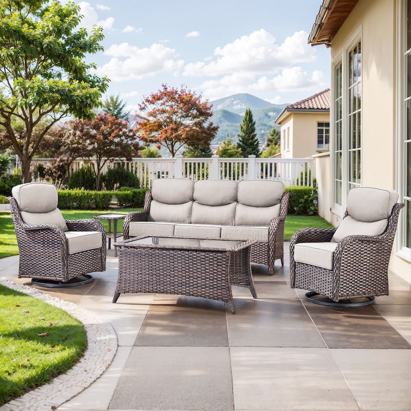 Pocassy Outdoor Patio Furniture Sofa Swivel Chairs Sets - Brown Wicker Beige Cushion - Sofa Swivel Chair with Table Set of 5