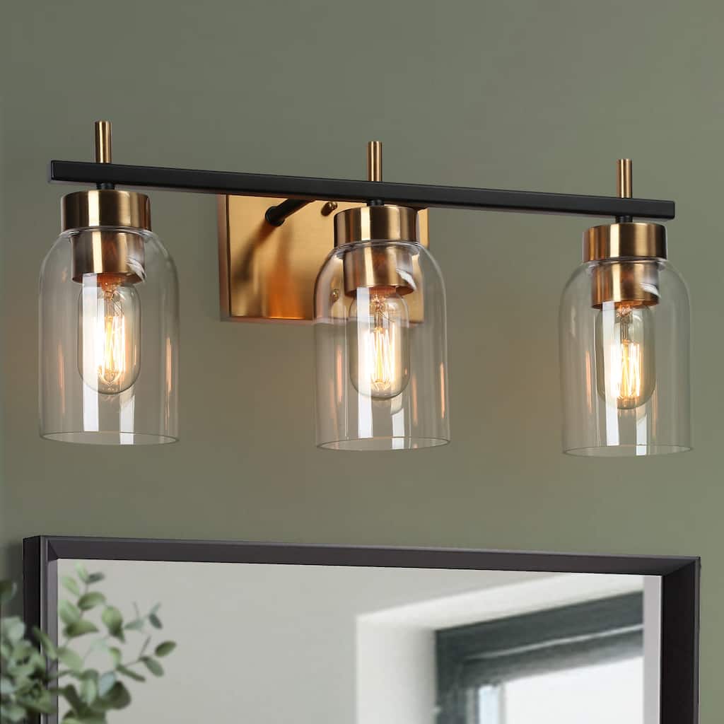 Valina Modern Black Gold 3-Light Bathroom Vanity Light Cylinder Glass Wall Sconces