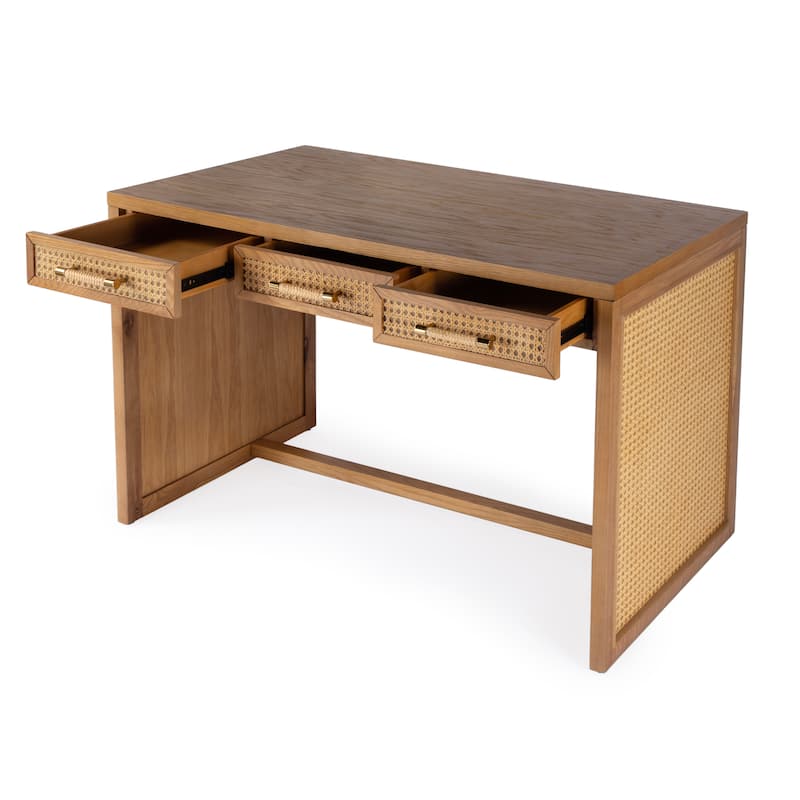 Mesa Cane and Solid Wood 3-Drawer Writing Desk