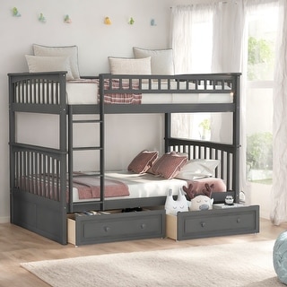 Full over Full Bunk Kids Bed with Guardrail & Drawers, Convertible Beds, Grey