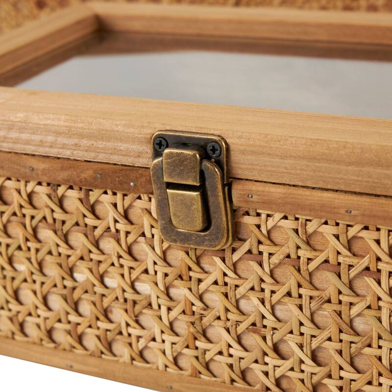 Brown Rattan Handmade Woven Rattan Box with Glass Tops and Bronze Latches (Set of 2)