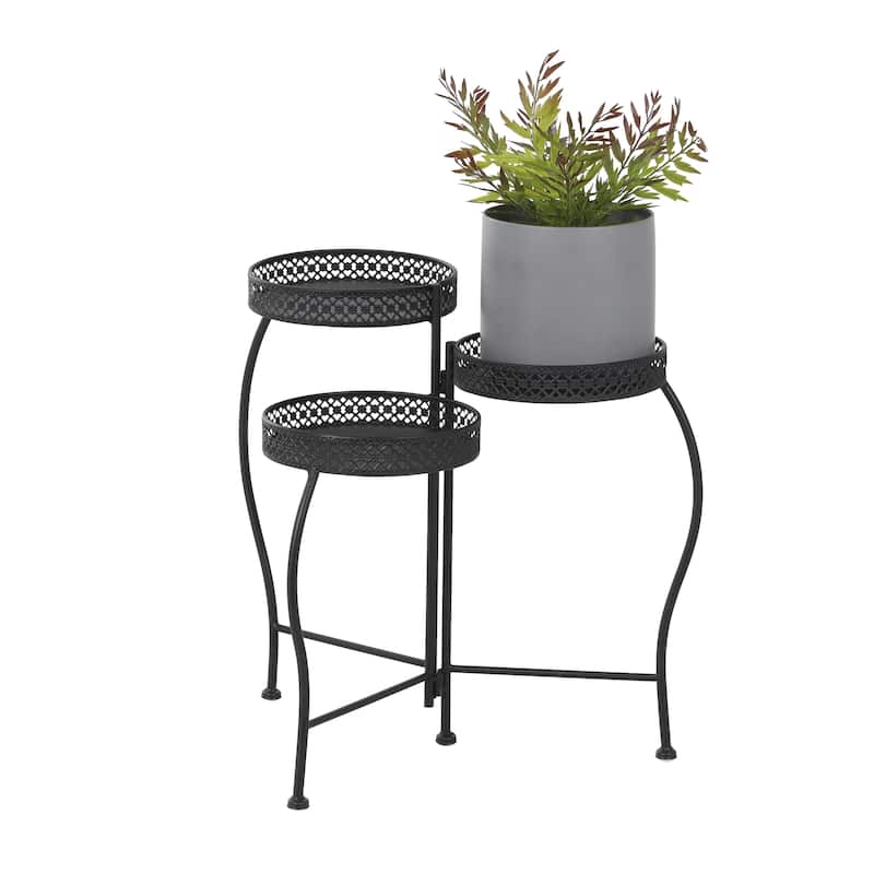 Metal Curved Folding 3 Tier Indoor Outdoor Plantstand with Floral and Scroll Patterns - Gold, Black, Silver - Roche River Decor - Black
