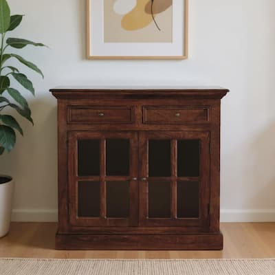 HomeRoots 35" Brown Distressed Solid Wood Accent Cabinet With Two Doors And Two Drawers