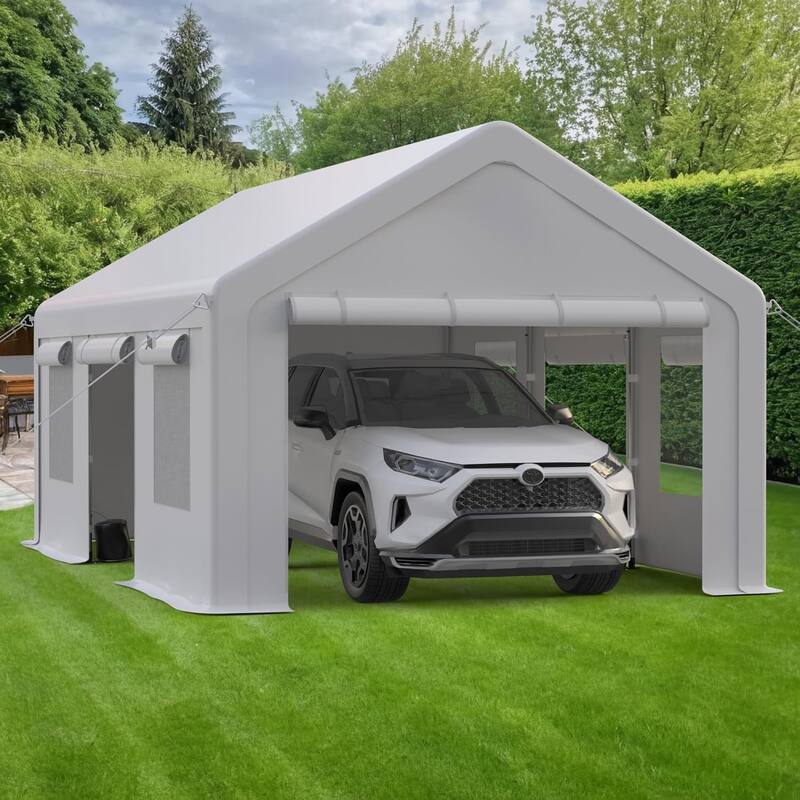 12x20ft Carport Heavy Duty, Portable Garage with 4 Doors + 4 Window, Upgraded Carport - White
