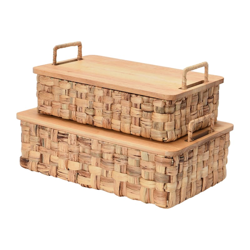 Household Essentials Stackable Hyacinth Baskets with Oak Lids - 10.2"L x 15.8"W x 7.1"H - 10.2"L x 15.8"W x 7.1"H - Brown