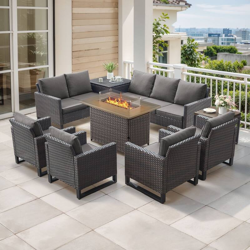 Gymojoy 9 Piece All-Weather Wicker Outdoor Patio Family Conversation Set Group With Fire Pit Table