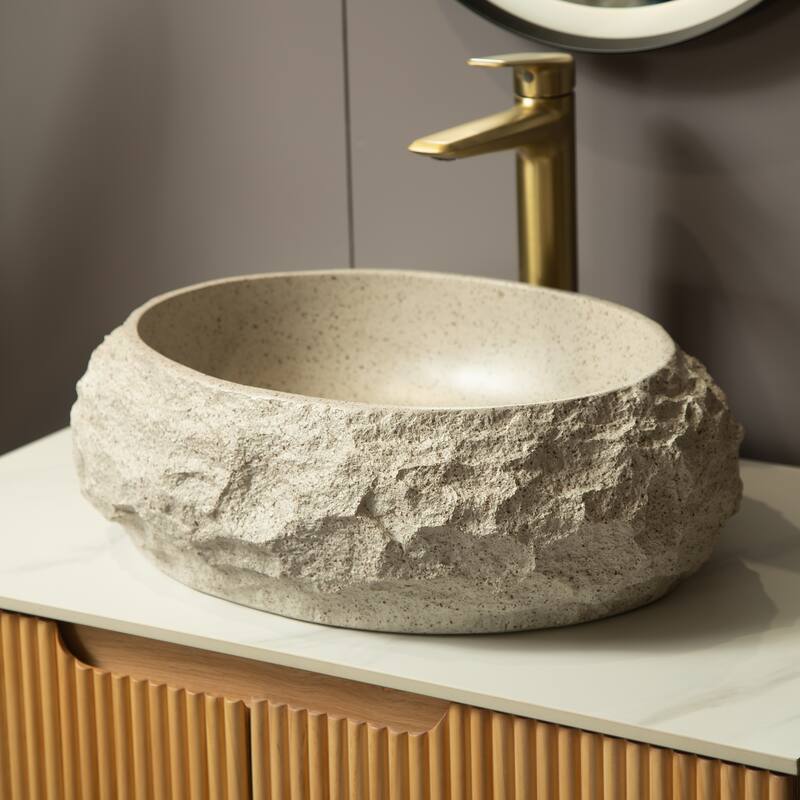 18" Bathroom Sink, Irregular Oval Resin Vessel Basin with Stone Pattern, Artistic Style Sink, NO Faucet
