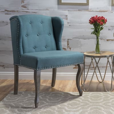 Teal Fabric Wingback Chair with Button Tufting & Nailhead Detail - Classic KD Single Chair, Rubberwood Frame, Cabriole Legs