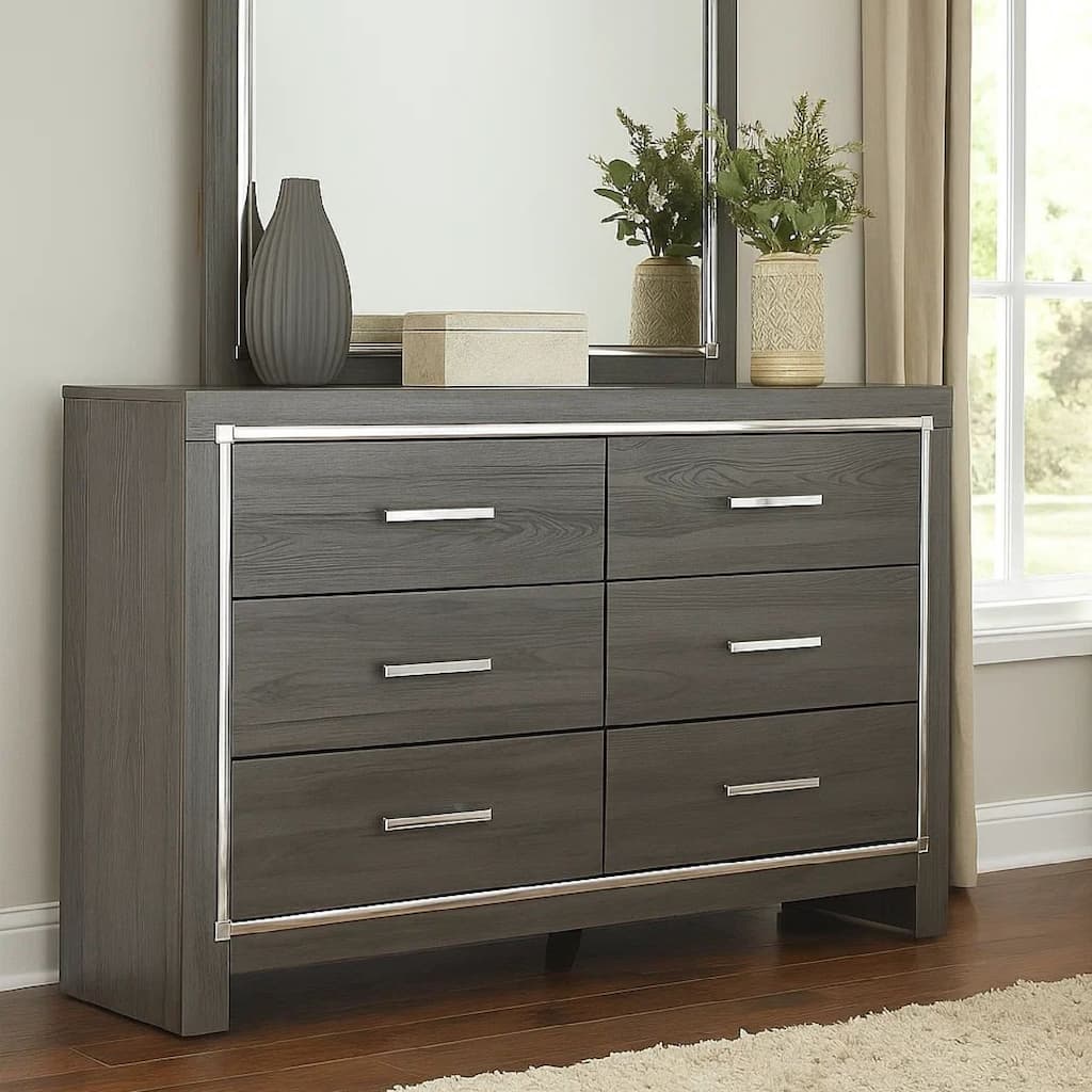 Grained Wooden Dresser with 6 Drawers and Mirror Inserts, Gray