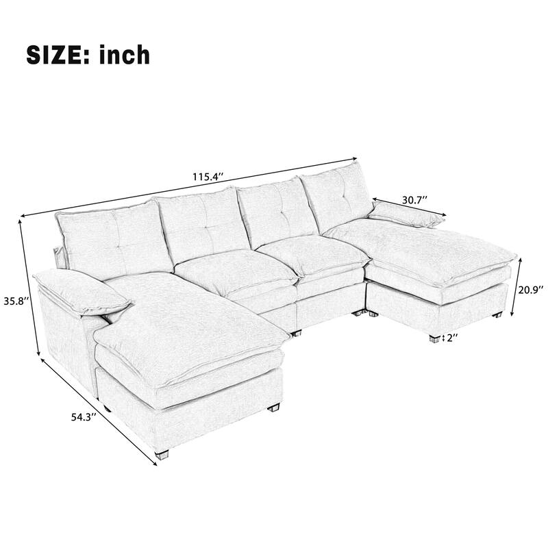 U-Shaped Sectional Sofa, Chenille Fabric Cloud Sofa, 6 Seater Sofa with Adjustable Armrest Pillow for Living Rooms, Office