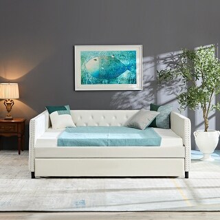 Full Velvet Daybed with Button and Copper Nail with Trundle, Beige