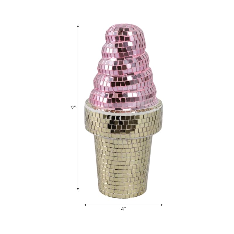 Glass Wood Figurine Mosaic Ice Cream Cone for Home Decor - 9" Pink - 4.25" x 4.25" x 9"