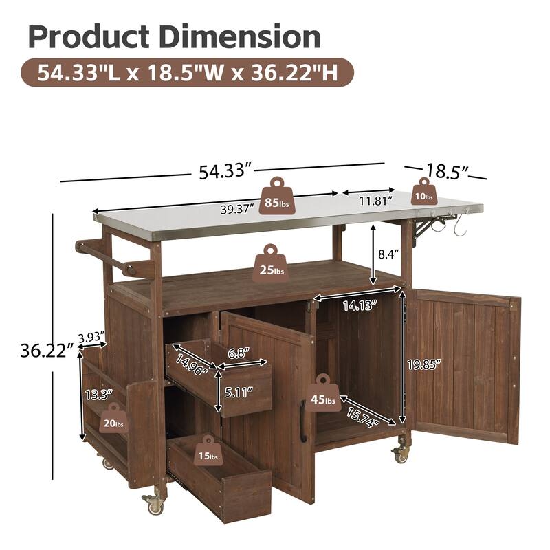 Christopher Knight Home - 54.33" Solid Wood Mobile Outdoor Kitchen Cart with Stainless Steel Top & Spice Rack & Lockable Wheels