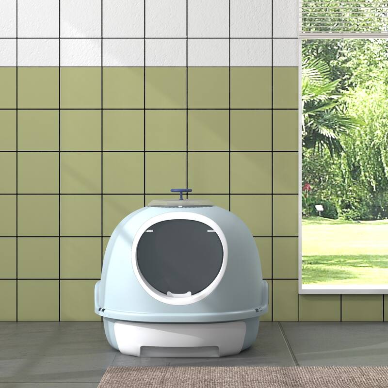 PawHut Covered Litter Box, Litter Box with a Lid, Scoop Enclosed Drawer & Skylight for Cats That's Easy to Clean, Blue