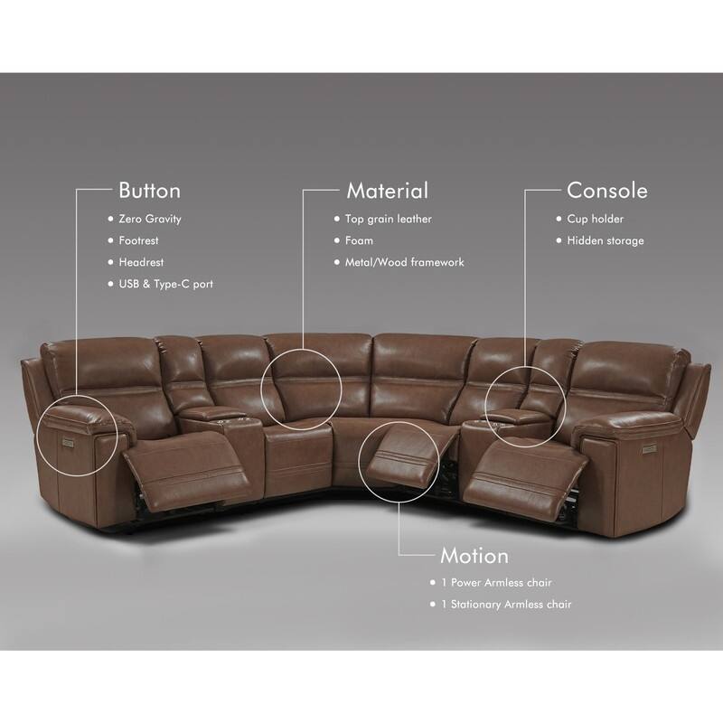 108" W Premium Genuine Leather Dual-Power Sectional Sofa with Console, Zero Gravity, USB & Type-C Ports and1 Power armless chair