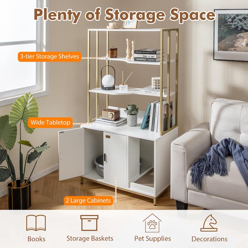 Gymax 61'' Cat Litter Box Enclosure w/ Storage 3-tier Shelves Side